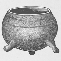 An illustration of a round, textured ceramic pot with a wide opening, decorative geometric patterns, and three short, stubby feet.
