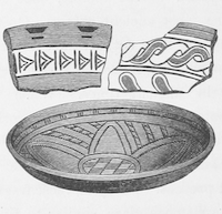 An illustration of a shallow, round vessel with linear and geometric decorations, accompanied by two pottery fragments featuring triangular and wavy patterns.