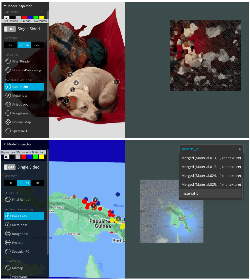 The dog and jar models in the Model Inspector in SketchFab.