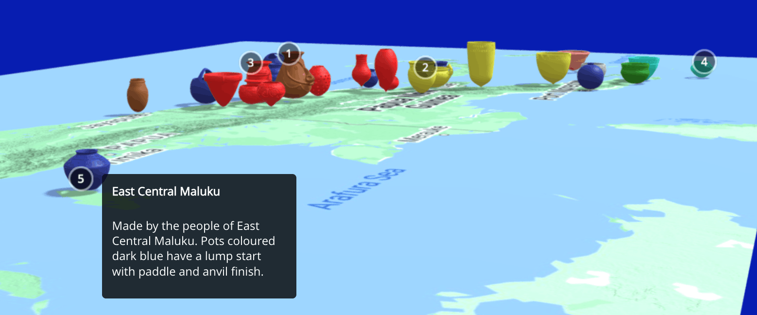 The jar models in SketchFab and several stylised models of jars from Papua, five of them numbered. Informative text is shown for jar 5.