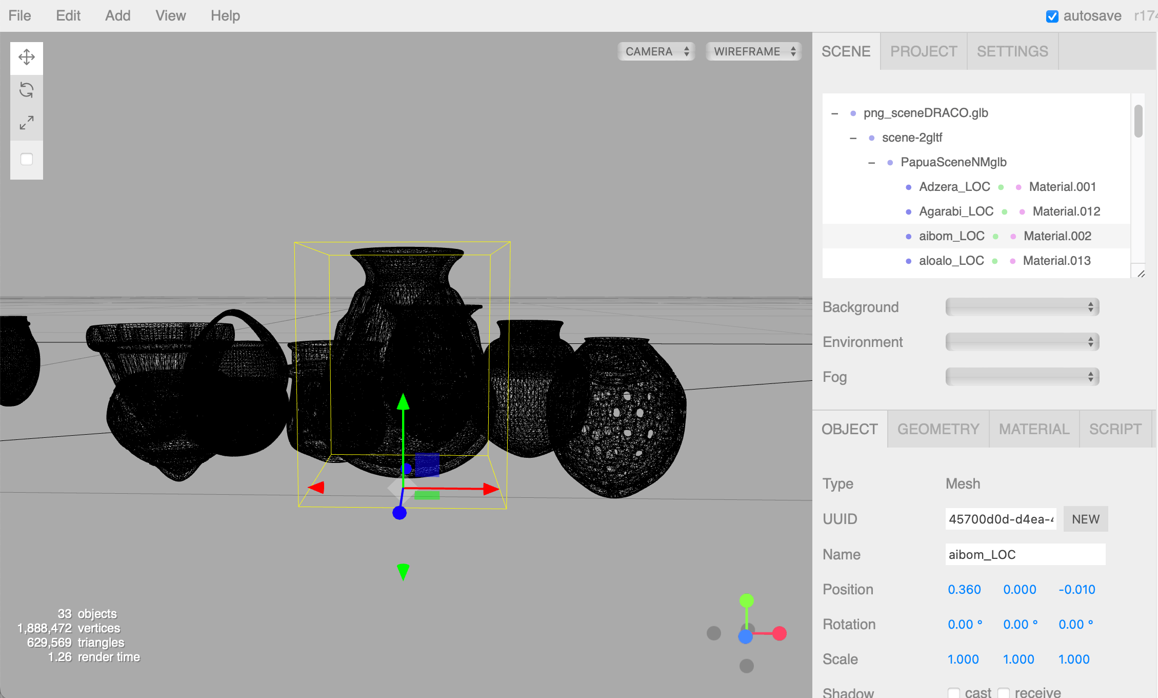 Web editor showing the wireframes of jar meshes.