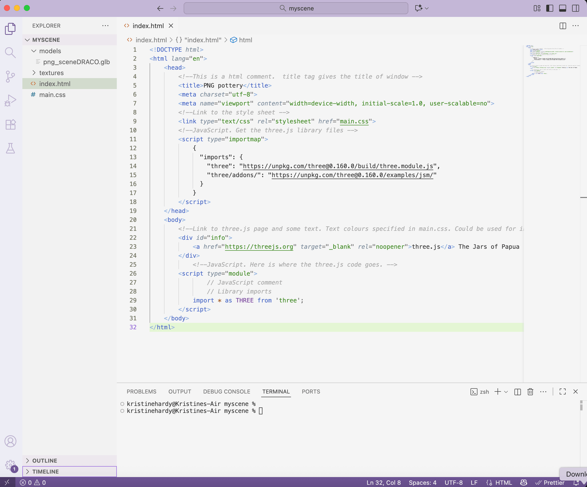 A screenshot of the VSC editor with the directory structure of the myscene folder.
