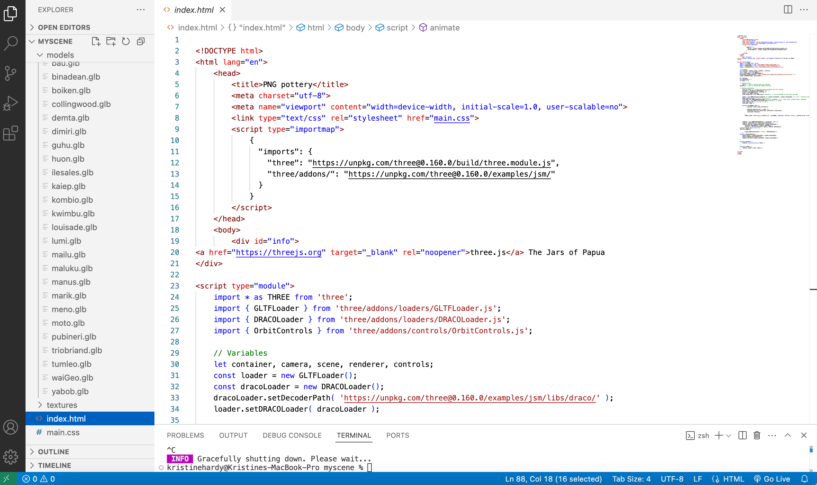 Screenshot of the VSC editor showing a list of `glb` files in the expanded models folder.