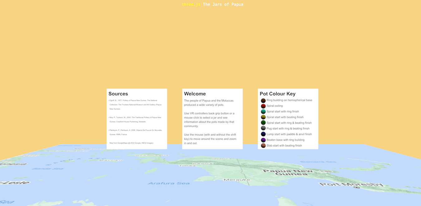 Webpage with three square panels of text and a horizontal map of Papua.