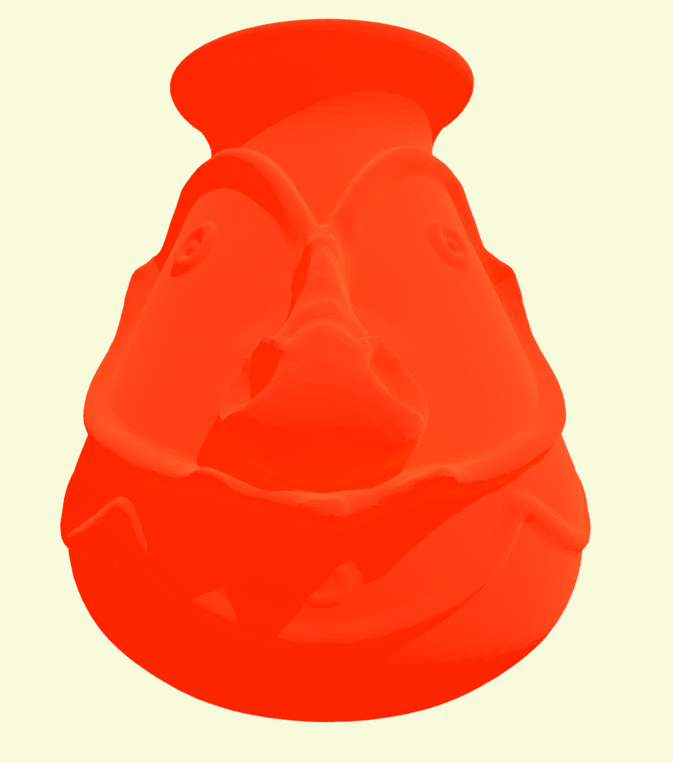 Jar with a sculptured face brightly coloured red.