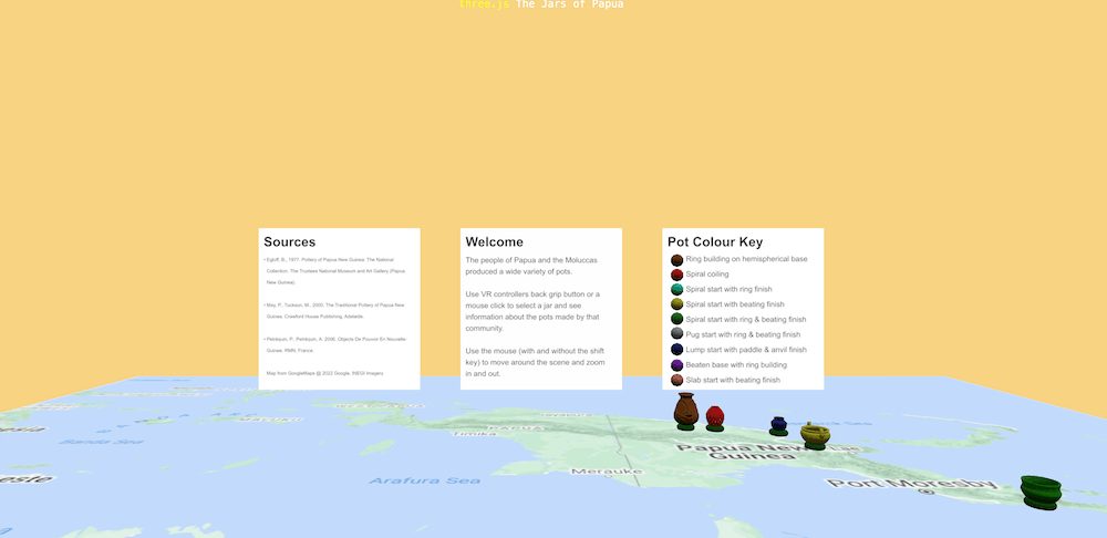 Five jars sit on green tori on a map of Papua.