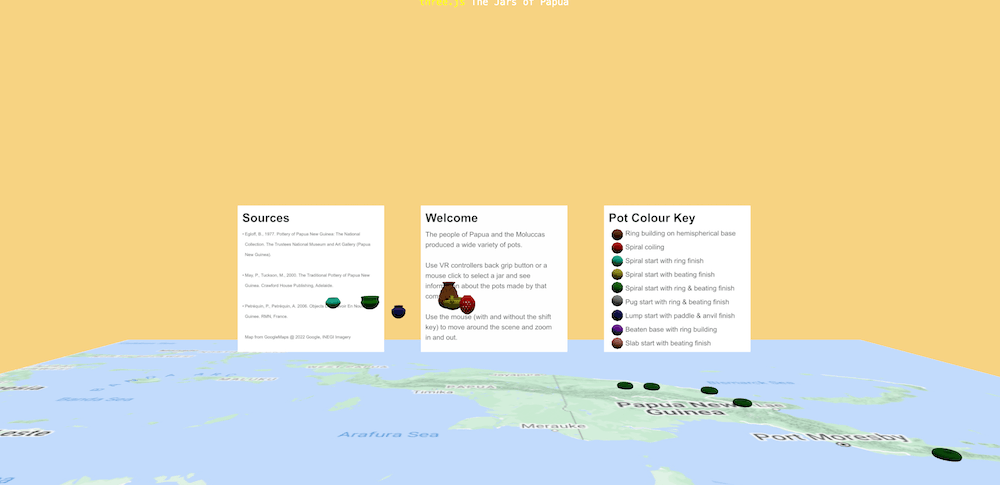 Six jars float at random positions above a map of Papua New Guinea.
