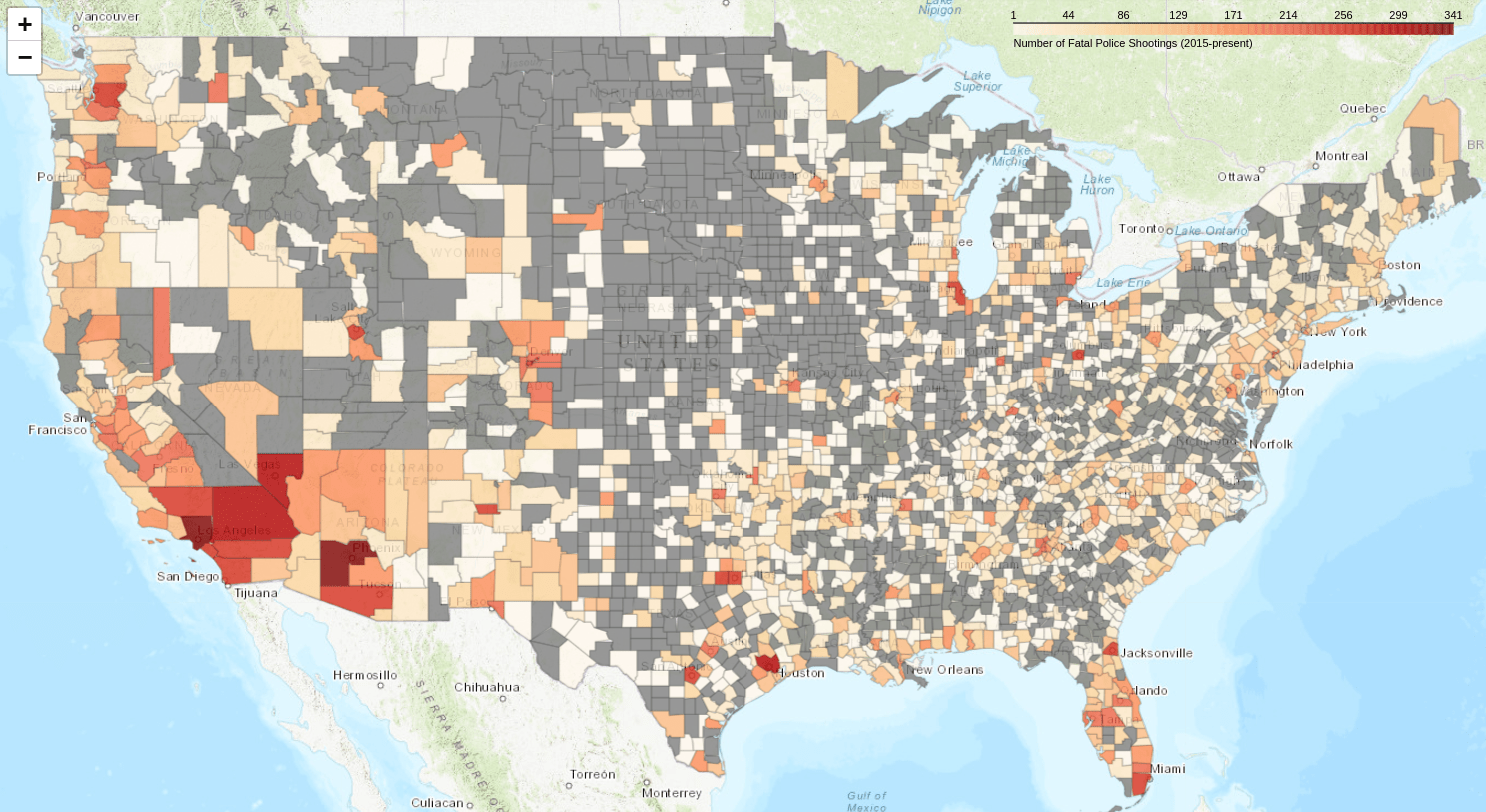 The map colorized with log-values, but with a scale that shows non-log values