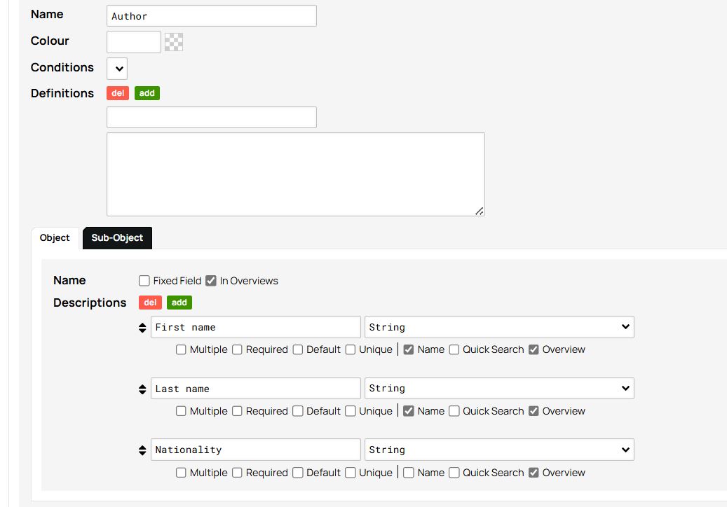The attributes First name and Last name of an Author are selected by checking their Name boxes.