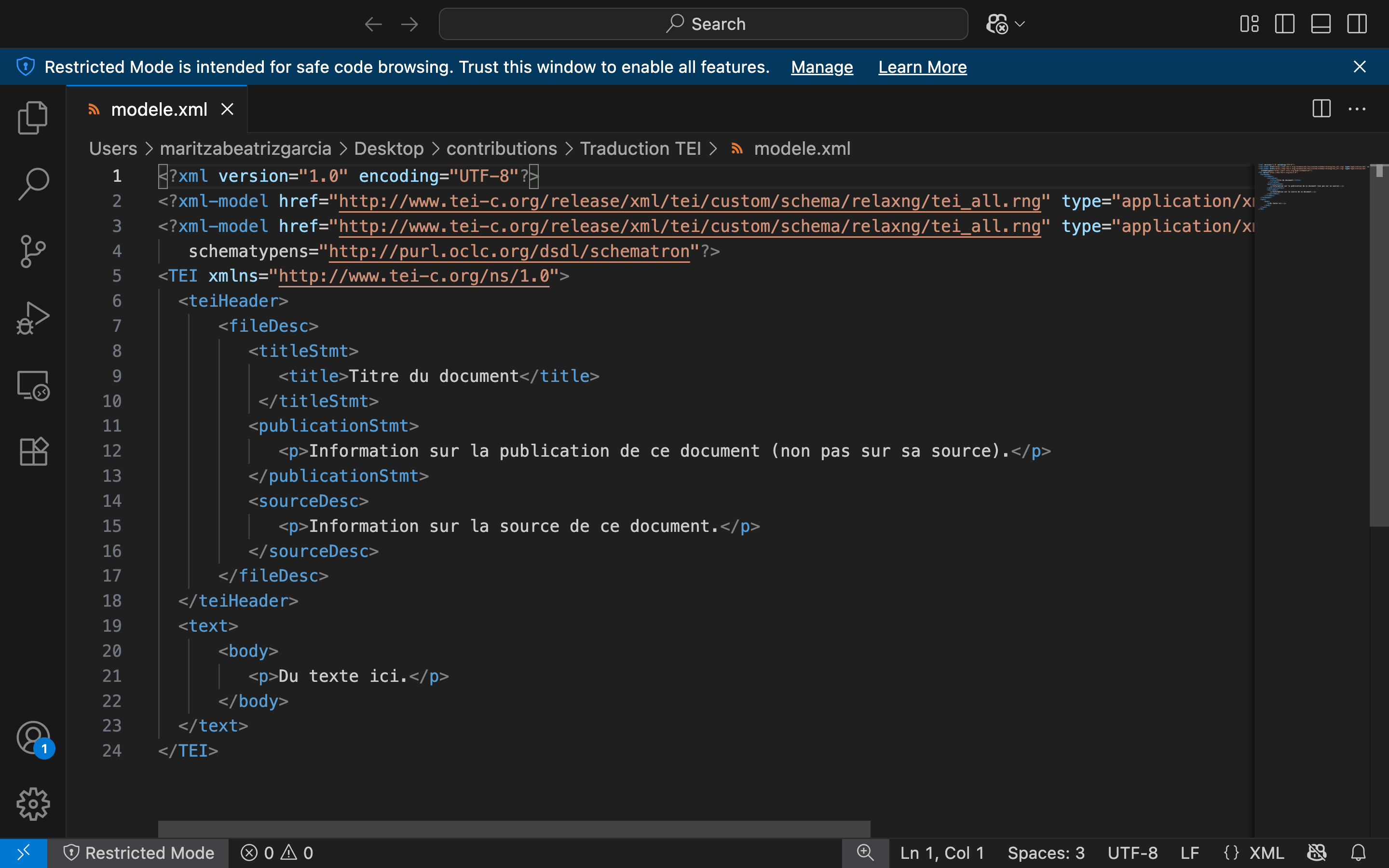 Avertissement du mode restreint sur VS Code, figure obtenue par la capture d'écran d'une fenêtre de VS Code. En haut, l'avertissement du mode restreint s'affiche en bleu, offrant les options cliquables: 'Manage' et 'Learn More'.