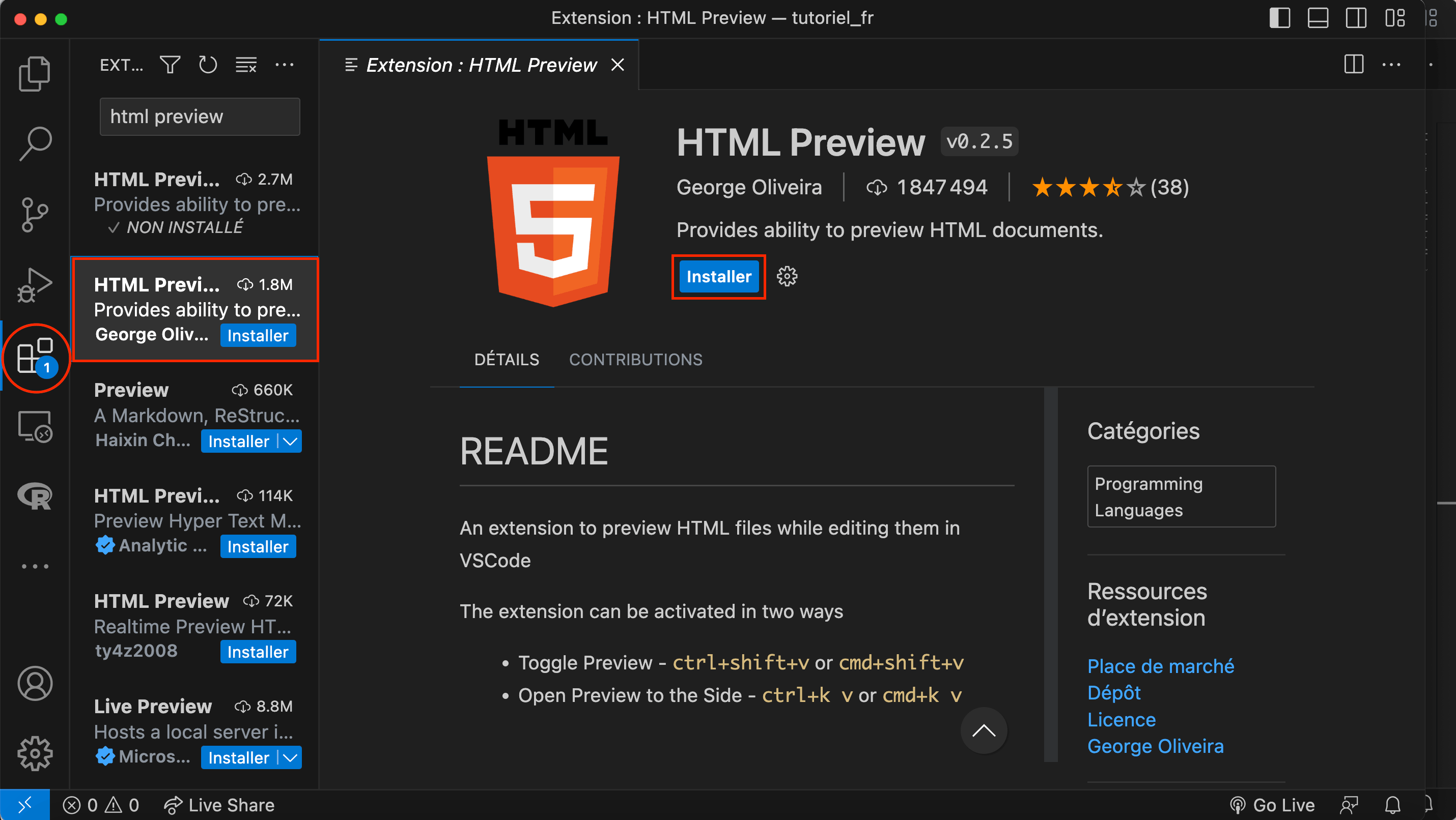 Capture d'écran de l'application VS Code qui dirige les lecteurs vers le marketplace d'extensions (le cinquième bouton du menu à gauche) et qui montre comment après une recherche pour 'HTML Preview' les lecteurs peuvent installer l'extension.