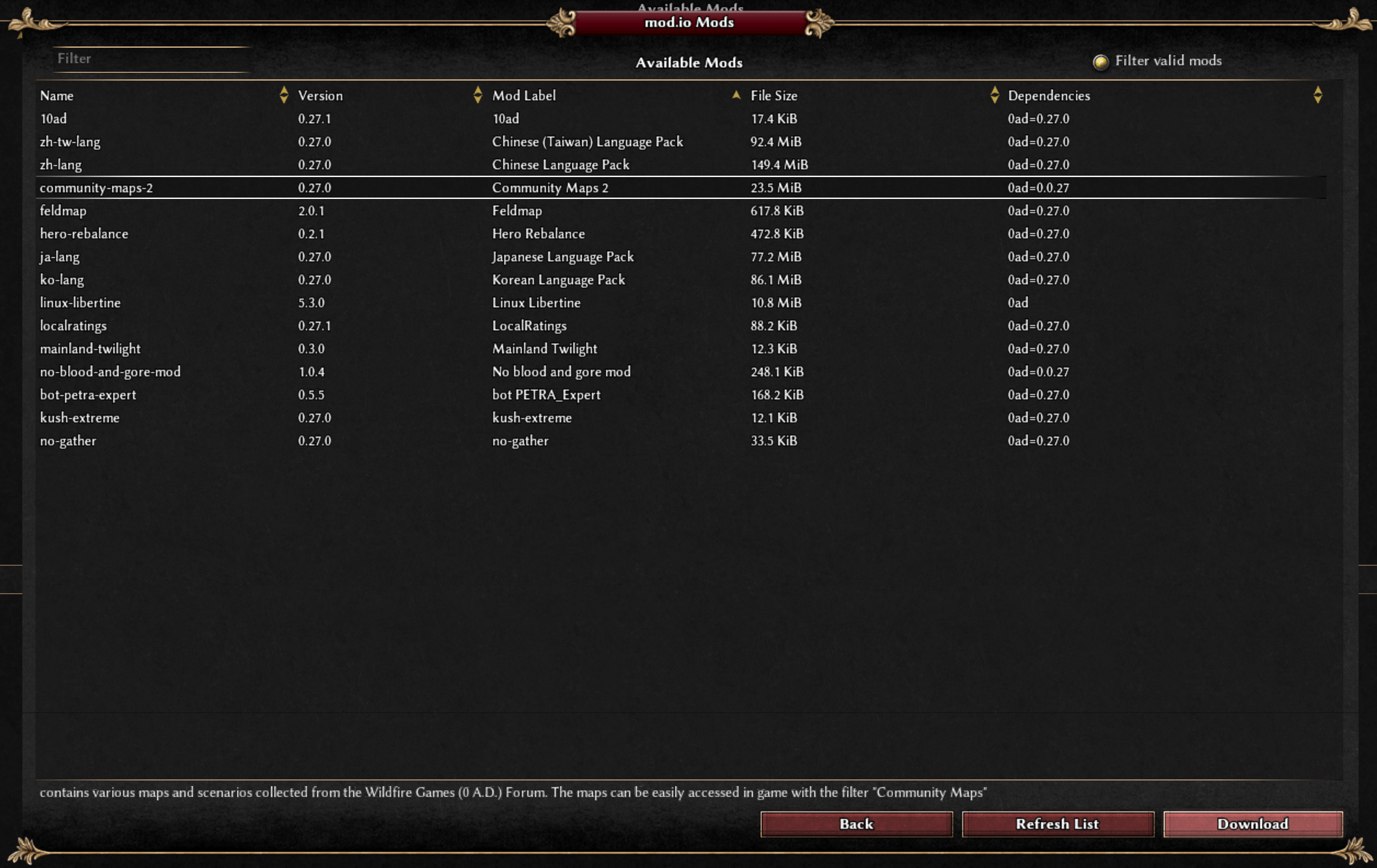 Downloading the Community Maps 2 mod as the sample for this tutorial using the game's built-in mod downloader.