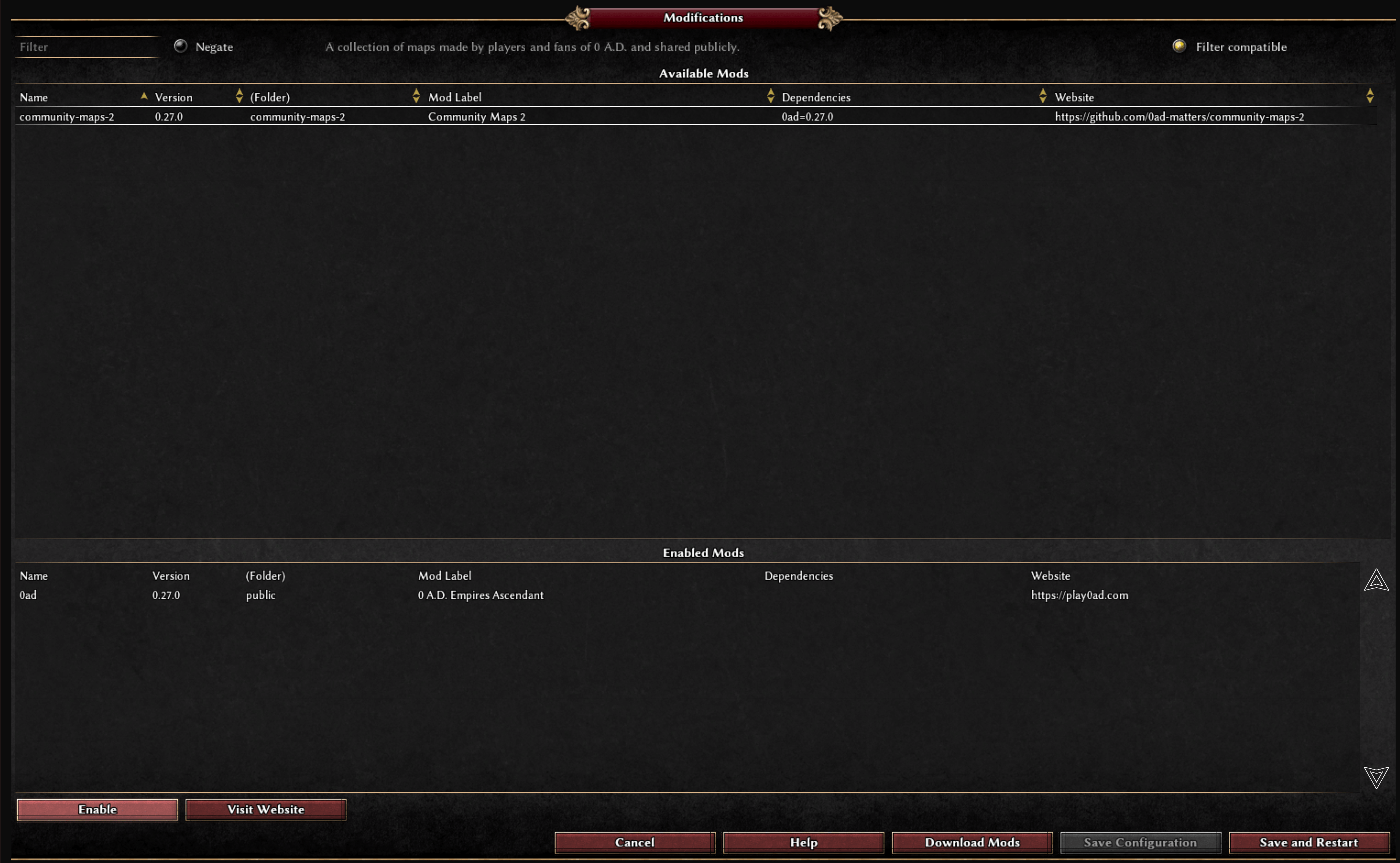 Enabling the Community Maps 2 mod as the sample for this tutorial using the game's built-in mod manager.