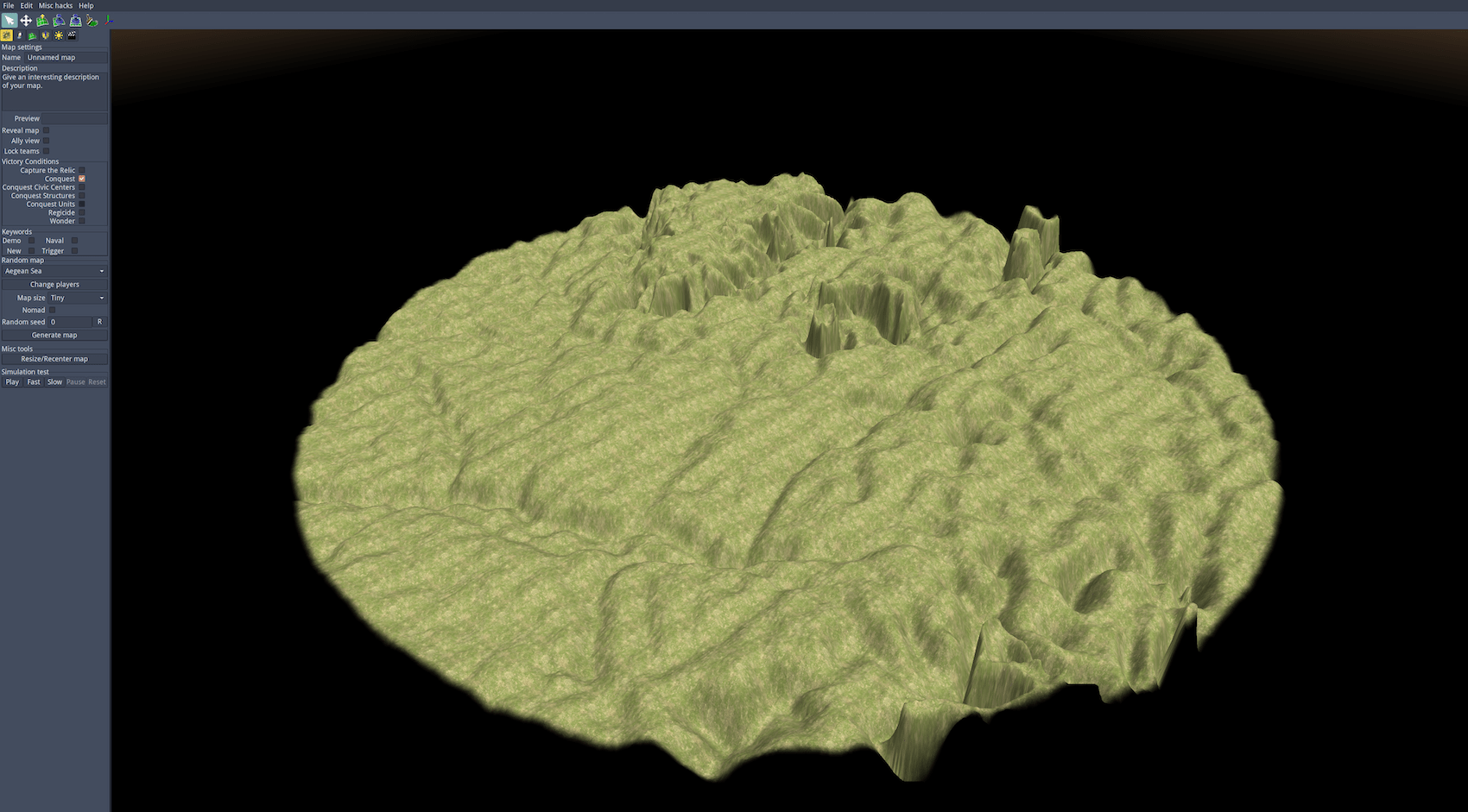 The three dimensional-topographic map of Mont Beuvray initially imported into Atlas. It appears as a disk with grass-like texture, using shadows and shading to represent the varied elevations.