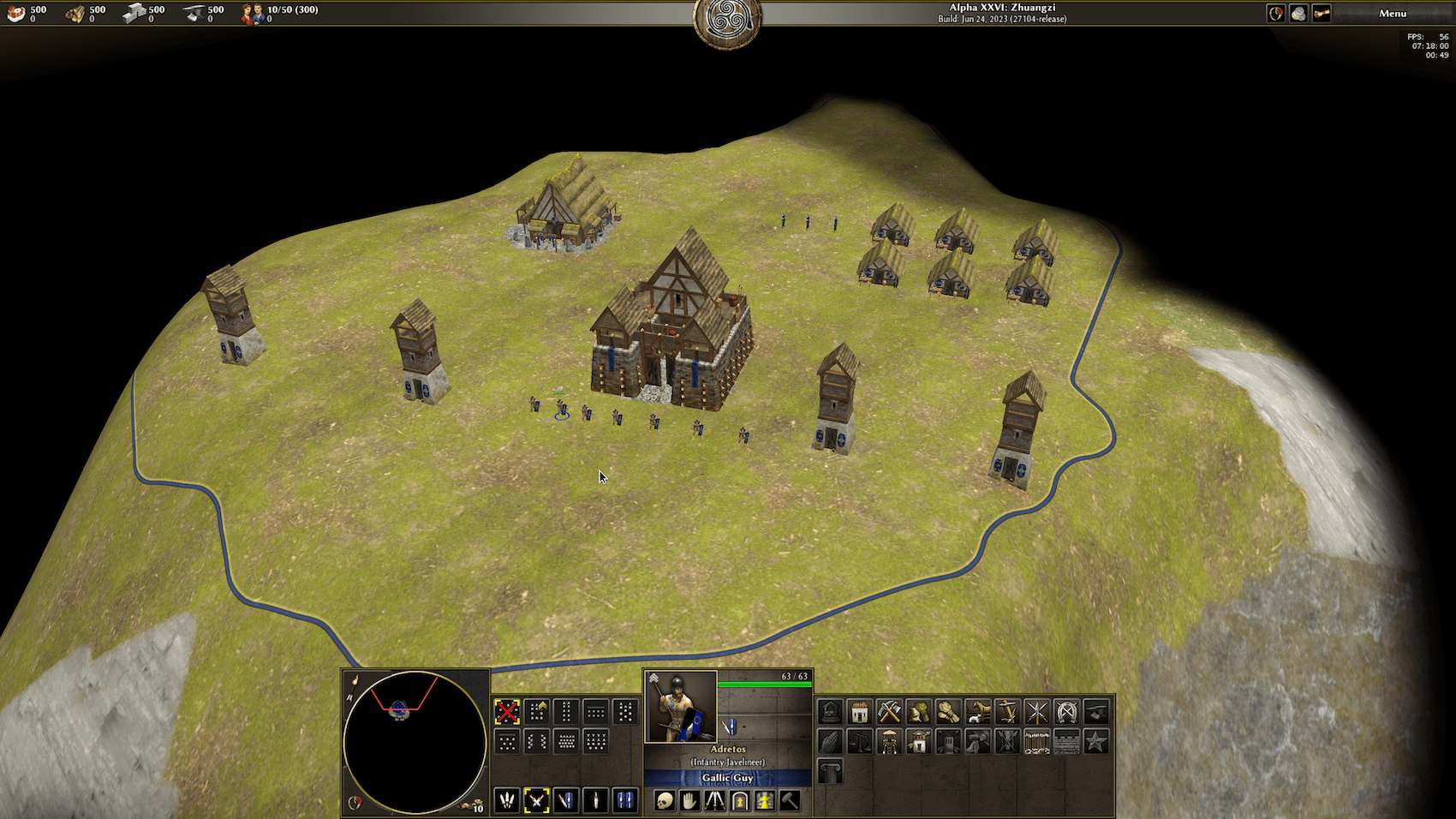 A view of Player 1 (in this case, me) situated with their Gallic fort atop Mont Beuvray, indicating the beginning of a multiplayer match played using the custom historical scenario. Player 1 specifically has a civic center, multiple guard towers, a barracks, several houses, some female citizens, and several infantrymen.